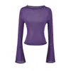 Tricô de manga longa com gola canoa ombro a ombro para mulheres, blusa base curta slim fit