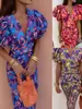 2026 Vestido Elegante e Moderno com Estampa, Decote em V, Bodycon, Cintura Marcada e Manga Bufante - Site Independente Europeu e Americano da Amazon
