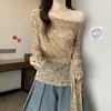 Camiseta Fina de Manga Larga con Teñido Irregular Estilo Retro Francés, Hombro Asimétrico para Mujer, con Diseño de Cintura con Cordones y Elegante Camiseta Interior Sexy