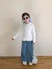 2025 Novo Outono Estilo Coreano Roupas Infantis Meninas Camiseta com Capuz de Cogumelo Manga Longa Roupa de Baixo Renda Cortina de Trás Jeans