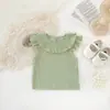 Verano Nuevo Estilo Bebé Ins Versátil Estilo Coreano Cuello con Volantes Manga Acampanada Top Camisa de Muñeca Camiseta de Color Sólido de Canalé Manga Corta Nuevo