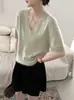 26 Outono Novo Estilo Coreano Cor Sólida Seda Caxemira Escovado Gola V Manga Curta Para Ir ao Trabalho Casual Versátil Suéter de Tricô para Mulheres