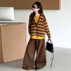Conjunto de tricô listrado estilo coreano para meninas, duas peças com calça pantalona, nova coleção de outono, conjunto de duas peças da moda para crianças mais velhas