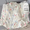 Refrescante pijama a cuadros rosa y blanco bordado talla extra con copas en el pecho para mujer, hecho de algodón nube, transpirable, de manga larga, pantalón largo, conjunto de dos piezas para casa