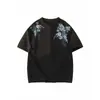Camiseta de Manga Corta con Bordado Floral Americano para Hombre Verano Nuevo Bordado Pesado Cerámica Azul y Blanca Relieve Nuevo Sentido de Diseño Chino Top
