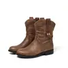 Botas vaqueras con flecos de fábrica en stock para mujer, punta redonda, tacón bajo grueso, sin cordones, botas de moda vintage de media pantorrilla, botas de mujer para otoño e invierno