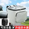 Capacete integral para scooter elétrica após aplicação de película protetora na bolsa traseira, compartimento de armazenamento traseiro, banco traseiro para motocicleta, estilo "swing", cor preta.