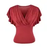Camiseta Sexy de Manga Corta con Volantes y Escote en V Profundo Estilo Europeo y Americano Otoño/Invierno Nuevo Top Versátil Adelgazante de Cintura Alta
