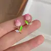 Brincos spray de flor tulipa super bonitos, brincos de pétalas doces com folhas verdes, brincos pequenos frescos e fofos