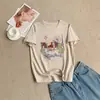 Nova camisa de verão estilo coreano com bordado de cata-vento, manga curta, gola redonda popular, corte justo, top versátil para mulheres
