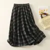 Tiro real Invierno retro elástico lana cuadros midi falda empalmada floral botón esponjoso línea A falda