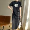 2024 verão novo pescoço redondo vestido manga curta estilo chinês elegante elegante casual solto emagrecimento split vestido longo