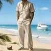 Conjunto de Camisa de Linho com Lapela de Manga Curta para Homem, Conjunto Casual de Duas Peças com Calça Longa, Atacado de Roupas Masculinas Europeias e Americanas Transfronteiriças
