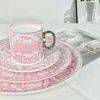 Serie Rosa Barroca Fanjia Juego de Vajilla de Cuatro Piezas Plato para Cena Occidental Taza de Café y Platillo Plato para Filete Casero Plato Plano