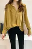 Camiseta de manga larga con cuello en V para mujer, estilo coreano, talla grande, gordita, holgada, de algodón y lino.