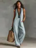 2026 Nuevo Estilo Verano Mono de Mujer de Algodón y Lino sin Mangas Cuello en V Bordado Holgado Pierna Ancha Pantalones Casuales de Vacaciones