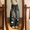 Jeans de Pierna Ancha Bordados de Dibujos Animados de Carpa Marea Disponibles para Mujer Verano Cintura Alta Holgados Estilizante Diseño con Caída Pantalones de Pierna Curva