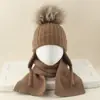 Conjunto de Cachecol e Gorro Infantil com Bola de Pelo Real de Guaxinim para Outono e Inverno para Meninos e Meninas, Gorro de Tricô Macio Quente e à Prova de Frio
