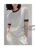 Estilo Old Money Camiseta de Punto de Manga Corta con Cuello Redondo y Color Contrastante de Tencel y Seda para Mujer Top de Manga Corta de Seda de Morera Verano para Mujer
