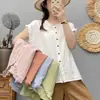 Top de camisa sem mangas de algodão e linho de cor sólida, novo estilo de verão em cores macaron, com design suave de borda de cardigã para mulheres
