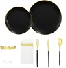 Conjunto de louça descartável para 25 pessoas: pratos de plástico rígido PS com acabamento preto e dourado, pratos brancos, taças de vinho e um conjunto de facas, garfos e colheres