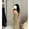 Elegante Vestido de Encaje Verde Albaricoque Estilo Francés, Vestido de Tirantes Finos, Diseño Único, Vestido de Fiesta, Vestido Ajustado