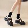 Mocassins femininos estilo britânico retrô com fivela dupla 2024 outono e inverno novos sapatos de couro pequenos com sola grossa e forro de lã