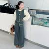 Traje de Otoño para Niñas 2024 Nueva Moda Estilo Coreano para Niñas Elegante Chalecos de Manga Abullonada Traje de Mezclilla para Niños Grandes