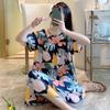 Camisola de Seda de Algodão Feminina de Verão Fina Pijama para Casa Alto Padrão Estampado Algodão Artificial Manga Curta Vestido de Seda de Algodão com Tamanho Plus