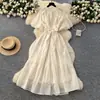 Vestido de Moda Estilo Francés con Cuello, Manga Farol, Cinturón de Tira, Falda Larga Volanteada Brillante Adelgazante Elegante para Mujer