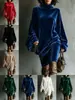 Vestido Midi de Veludo Europeu e Americano Transfronteiriço de Gola Alta Solto para Mulheres, Manga Longa Vintage Casual Moda Elegante para o Dia a Dia