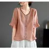 Algodón lino 2024 artístico retro manga corta algodón lino cuello V camiseta mujer holgada adelgazante versátil top bordado