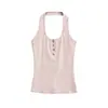 Top Halter Sexy Gola U com Botões de Concha Estilo Europeu e Americano, Nova Moda de Verão Versátil Slim-Fit Cor Sólida Top Garota Apimentada