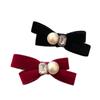 Pinza para el cabello con lazo de terciopelo de perlas de pedrería para mujer, vintage, elegante, clip de pico de pato, pinza para el cabello para flequillo lateral delantero, tocado