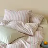 Fiesta a Rayas|Estilo coreano rosa y verde a rayas simple todo algodón teñido en hilo algodón lavado juego de cuatro piezas sábana bajera de 1.8m estilo algodón puro