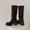 Botas de gamuza desgastada para mujer, nuevo estilo otoño e invierno, punta redonda, tacón medio grueso, botas altas hasta la rodilla sin cordones