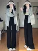 Calça feminina de verão em seda gelada, perna larga, fina, com caimento, solta, reta, cintura alta, cordão, casual, comprimento total, fresca, proteção solar, calça comprida