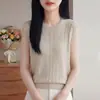 Nuevo Chaleco de Punto con Cuello Redondo de Tencel y Lino para Mujer, Color Sólido, Calado con Patrón Retorcido, Camiseta Base