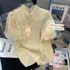 Camisa retro francesa estilo chinês com mangas bufantes feminina verão nova chique modificada com fecho de cheongsam gola alta top elegante
