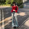 Jeans acampanados de tiro bajo lavados estilo retro americano 26, versátiles para principios de otoño, estilo mujer y pantalones largos, longitud extendida