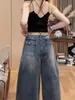 Jeans Rasgado Vintage Cropped Plus Size para Mulheres, Estilo Verão, Cintura Alta Solto, Calças Retas de Perna Larga Emagrecedoras para Figuras Baixas e Curvilíneas