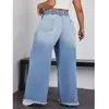 Jeans wide leg com cintura elástica e cordão, barra desfiada, lavagem desgastada, modelagem que afina e alonga