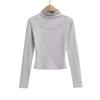 2025 Primavera y Otoño Nuevo Camiseta Base de Corte Slim Estilo Americano para Mujer Top Corto con Cuello Medio Alto de Pedrería Camiseta de Manga Larga