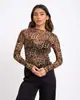 S32280 Europeu e Americano Transfronteiriço Novo Produto Amazon Feminino Sexy Leopardo Malha Estampada Justa Camiseta Top Feminino