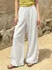 Outono de 2026 Nova Roupa Feminina Cruzada Europeia e Americana Cor Sólida Solta Cintura Alta Calças de Perna Larga com Bainha de Babado Drapeada Calças Casuais