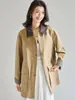 26 Otoño Nuevo Estilo Retro Gabardina Color Bloque Estilo Granja Solapa Cuero PU Cuadros Patchwork Chaqueta 29074