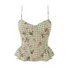 Camisola retro francesa con estampado floral a cuadros versátil de corte ajustado + minifalda/falda corta de capas para mujer