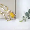Novo Conjunto de Joias de Citrino Natural Colar Anel Conjunto com Cera de Abelha Peça Dupla Corrente de Suéter Pérola Joia