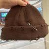 Gorro de lana de punto con alfiler y anilla rasgada estilo hip hop para niños, estilo yuppie, para otoño e invierno, para el frío, para hombre, tipo melón.