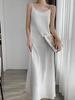 Vestido de Suspensório Dalian Feminino 26 Estilo Primavera/Verão em Linho Acetato Imitado Preto Sólido e Branco Cetim, Estilo Elegante